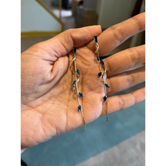 navy blue earrings gold chandelier, dark blue wedding crystal  blue earrings - Picture 3 of 8